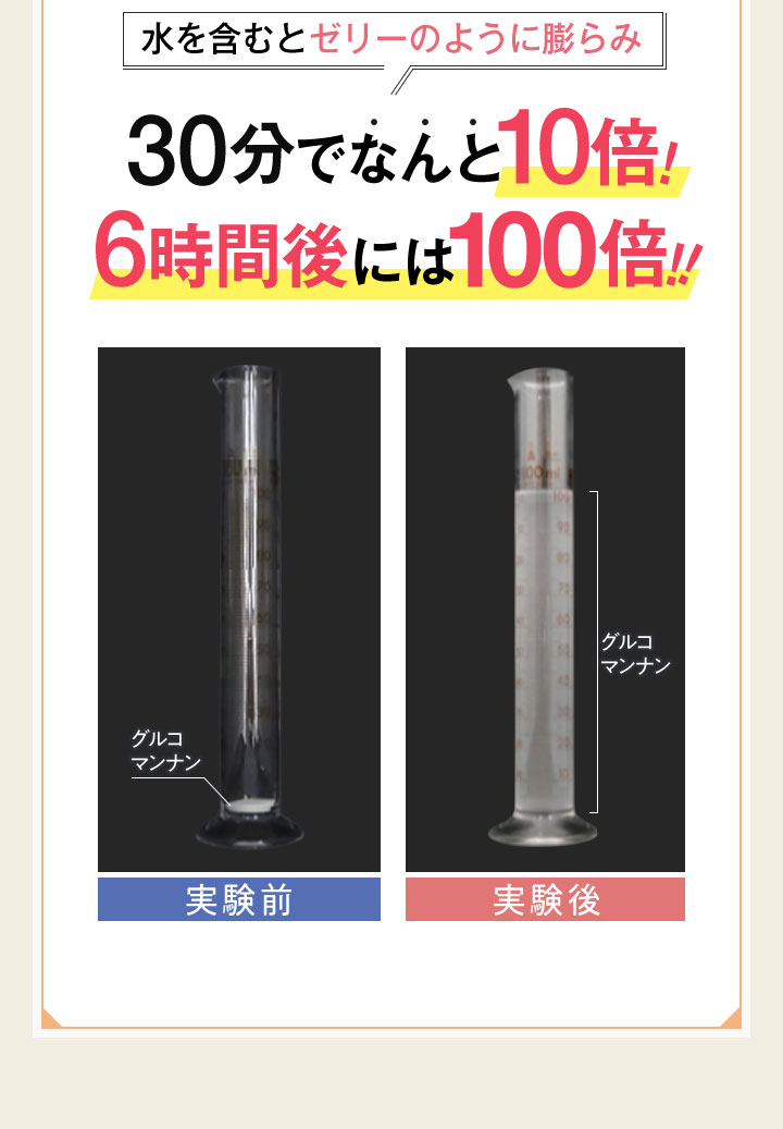 水を含むとゼリーのように膨らみ30分でなんと10倍！ 6時間後には100倍!!