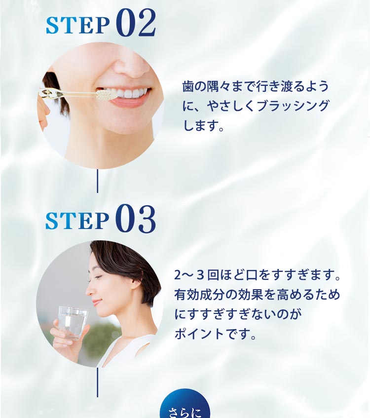 ステップ２、３　丁寧に歯を磨いて水ですすぎぐ