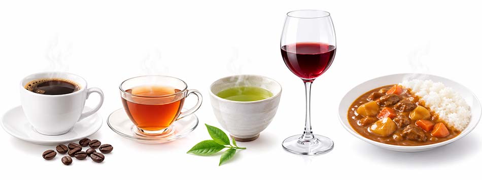 コーヒー、紅茶、緑茶、赤ワイン、カレー