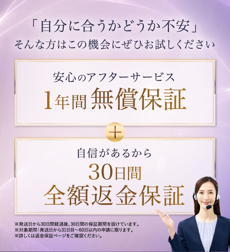 1年間無償保証 30日間全額返金保証