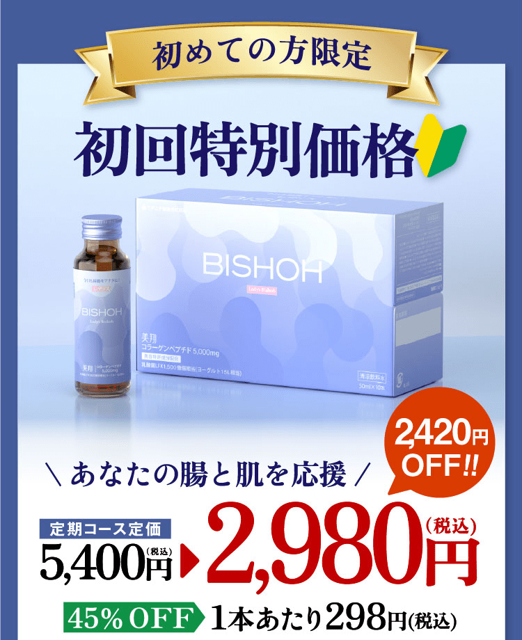 初めての方限定　初回特別価格　定期コース価格5,400円（税込み）→2,980円（税込み）45%OFF
