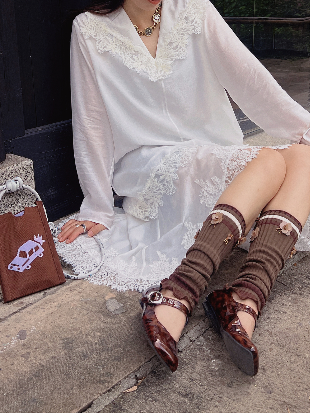 Striped Floral Embroidery Leg Warmers