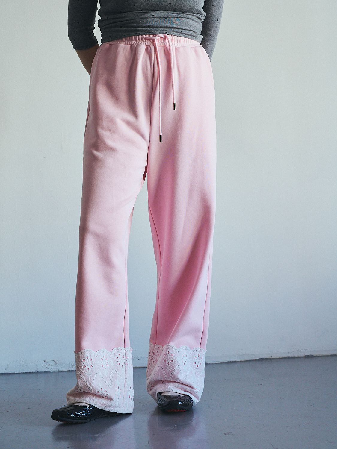 Lace Hem Sweat Pants Collar: PINK, Size: S