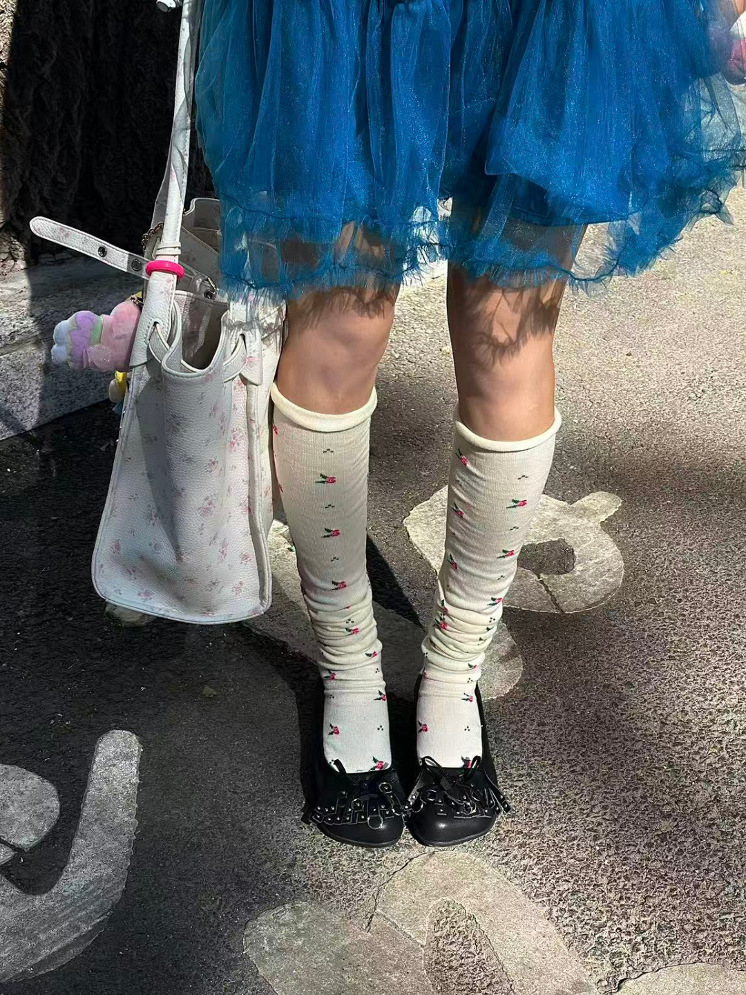 Small Floral Jacquard Over-the-Knee Socks Collar: OFFWHITE
