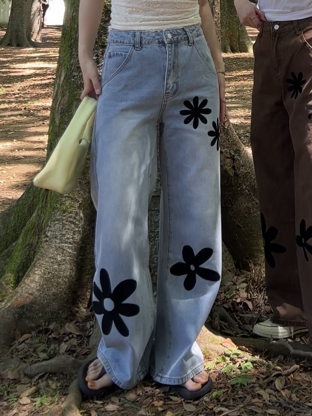 flower motif wide denim pants