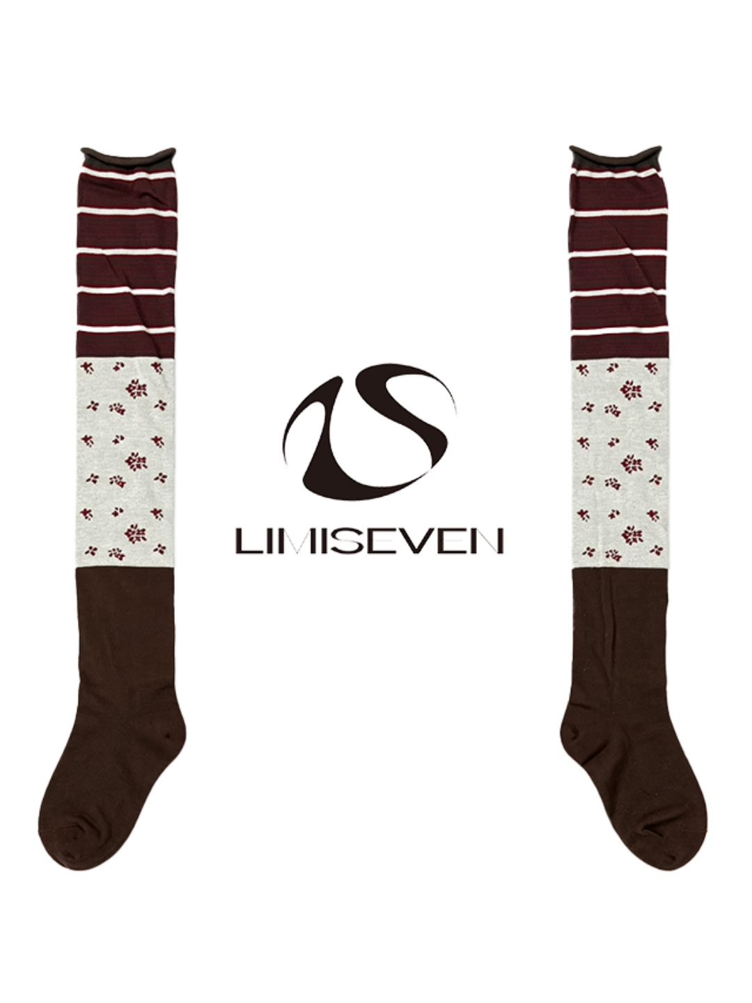 Stripe & Floral Over-the-Knee Socks Collar: RADISH BROWN