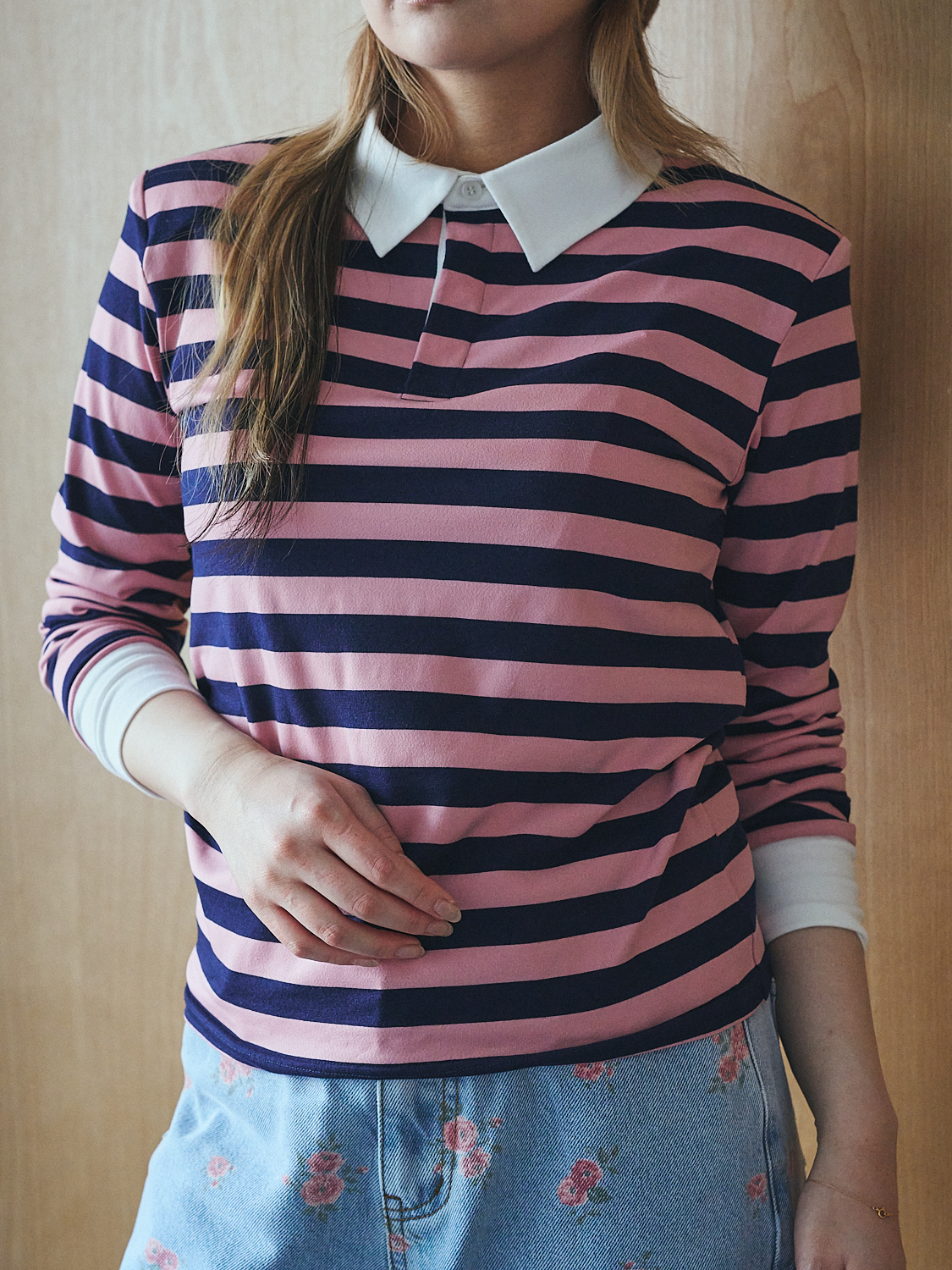 Shoulder Pad Border Polo Collar: PINK