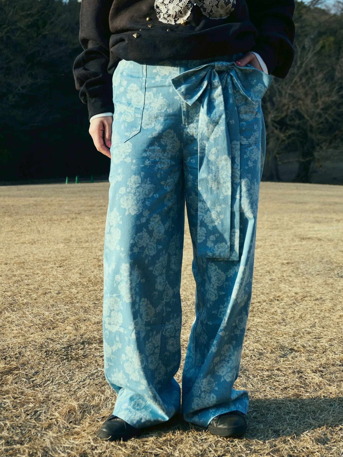 Multi-Way Ribbon Design Wide Pants Collar: BLUE