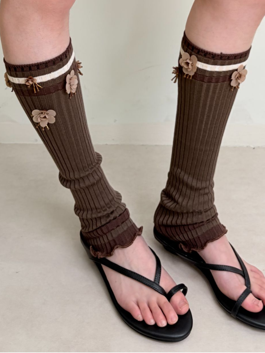 Striped Floral Embroidery Leg Warmers
