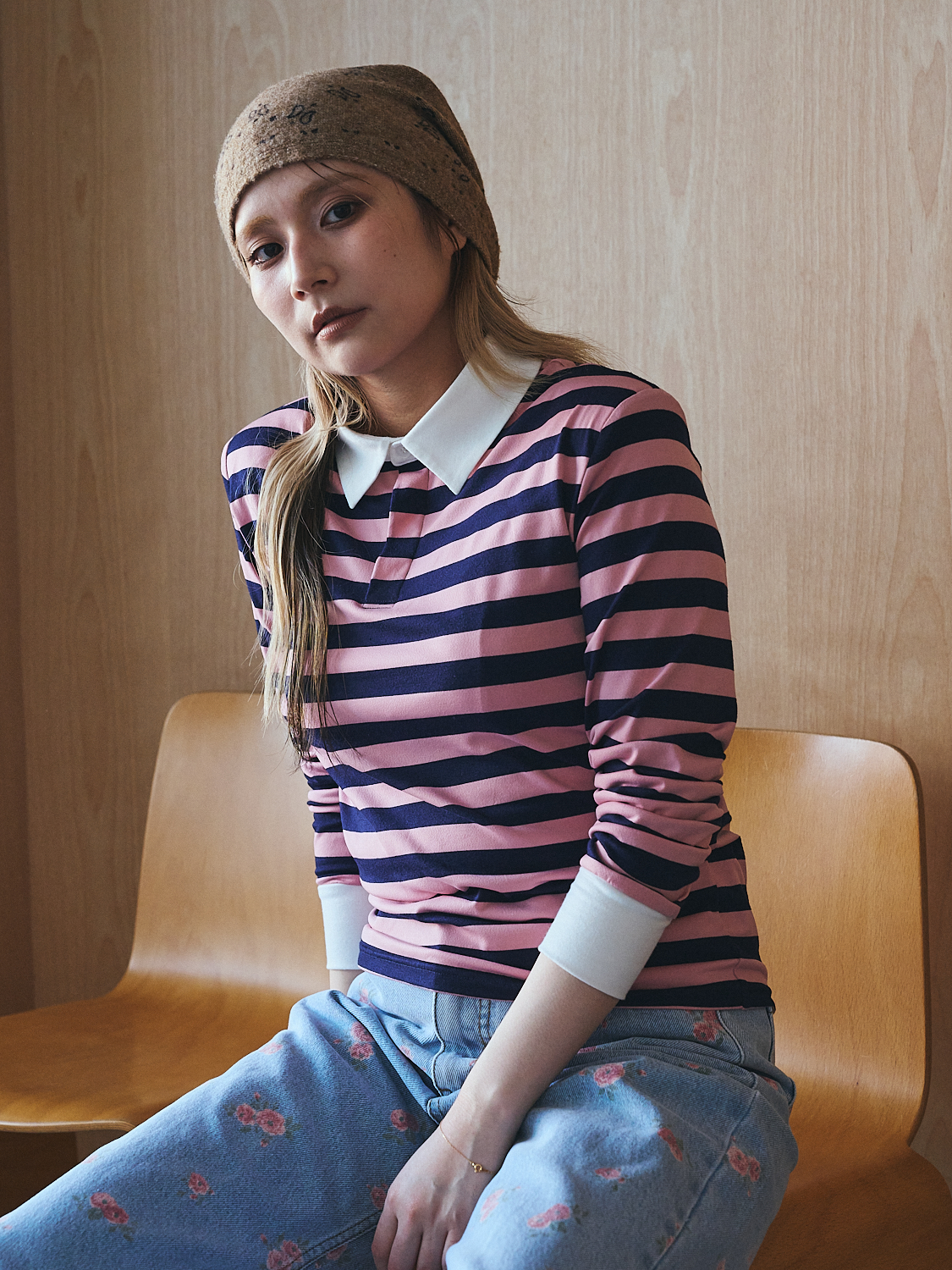 Shoulder Pad Border Polo Collar: PINK