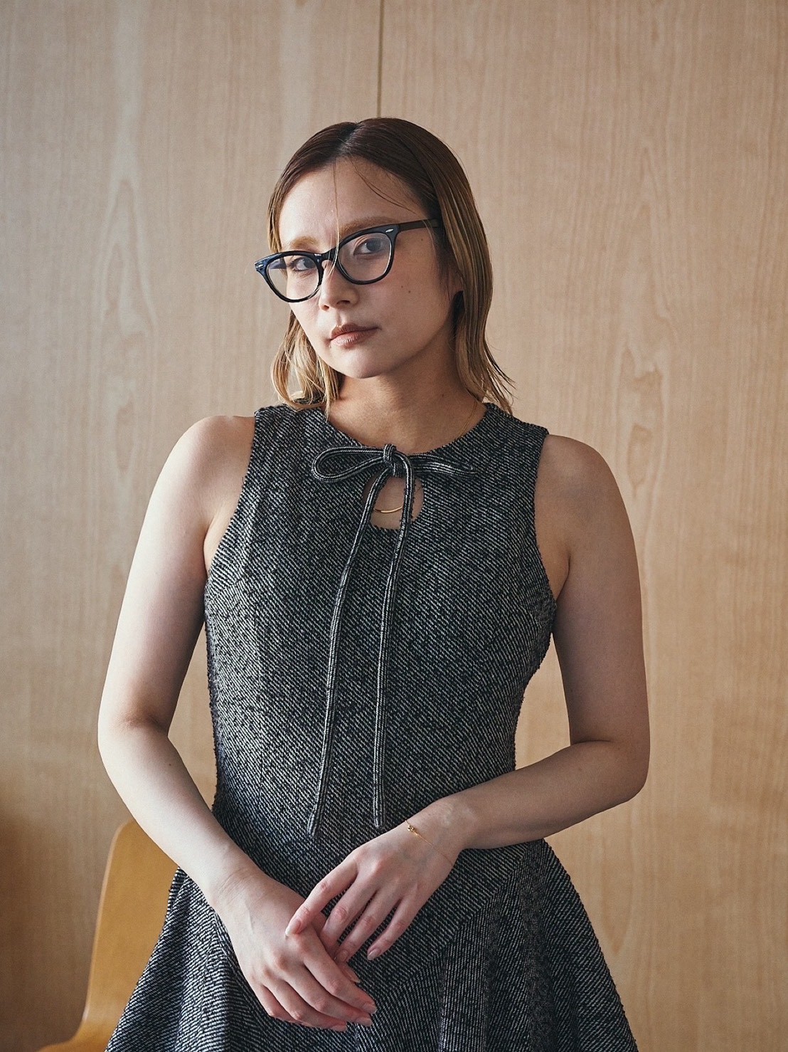 Asymmetric Tweed Dress Collar: BLACK, Size: S