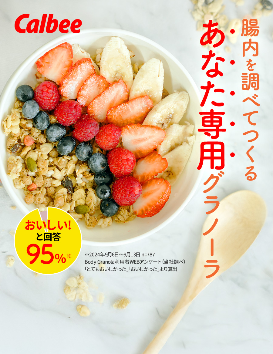 腸内を調べてつくるあなた専用グラノーラ|おいしい!と回答 95%|2024年9月6日〜9月13日 n=787 Body Granola利用者WEBアンケート(当社調べ)「とてもおいしかった」「おいしかった」より算出