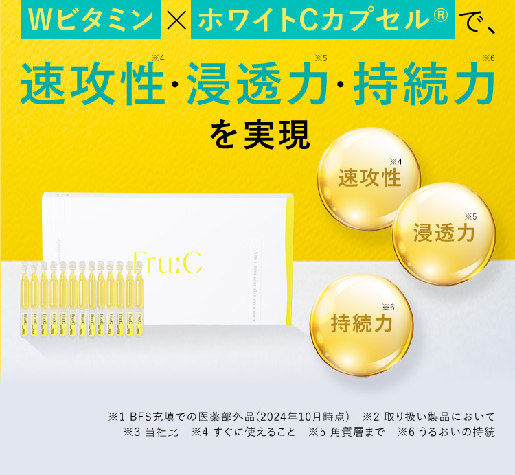 Wビタミン×ホワイトCカプセルRで、速攻性※4・浸透力※5・持続力※6を実現 速攻性※4 浸透力※5 持続力※6 ※1 BFS充填での医薬部外品(2024年10月時点) ※2 取り扱い製品において ※3 当社比 ※4 すぐ使えること ※5 角質層まで ※6 うるおいの持続