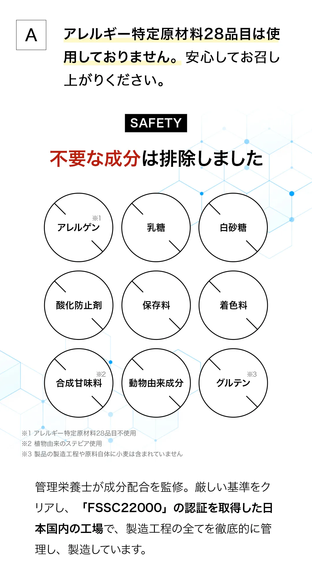 アレルギー特定原材料28品目は使用しておりません