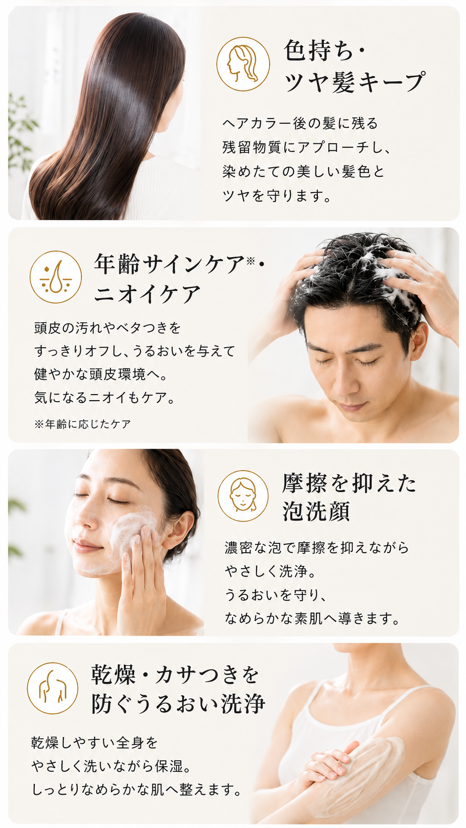 髪の色持ち・頭皮ケア・泡洗顔・全身のうるおいケア