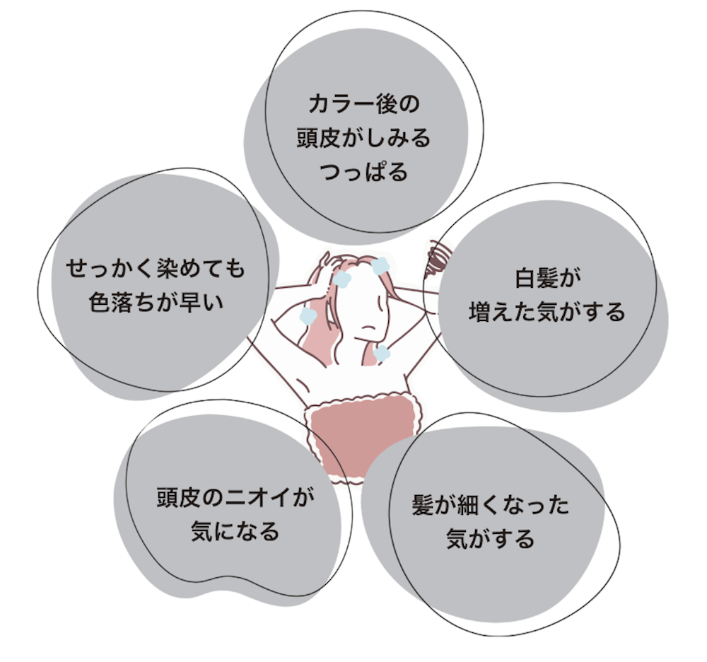 頭皮と髪のお悩みありませんか？ 白髪染めを繰り返して髪がスカスカ／染めても2週間で色落ちする／カラー後の頭皮のつっぱり・かゆみ／頭皮のニオイ・加齢臭／整髪料や皮脂で頭皮がベタつく／抜け毛や白髪など、頭皮のコンディションが気になる