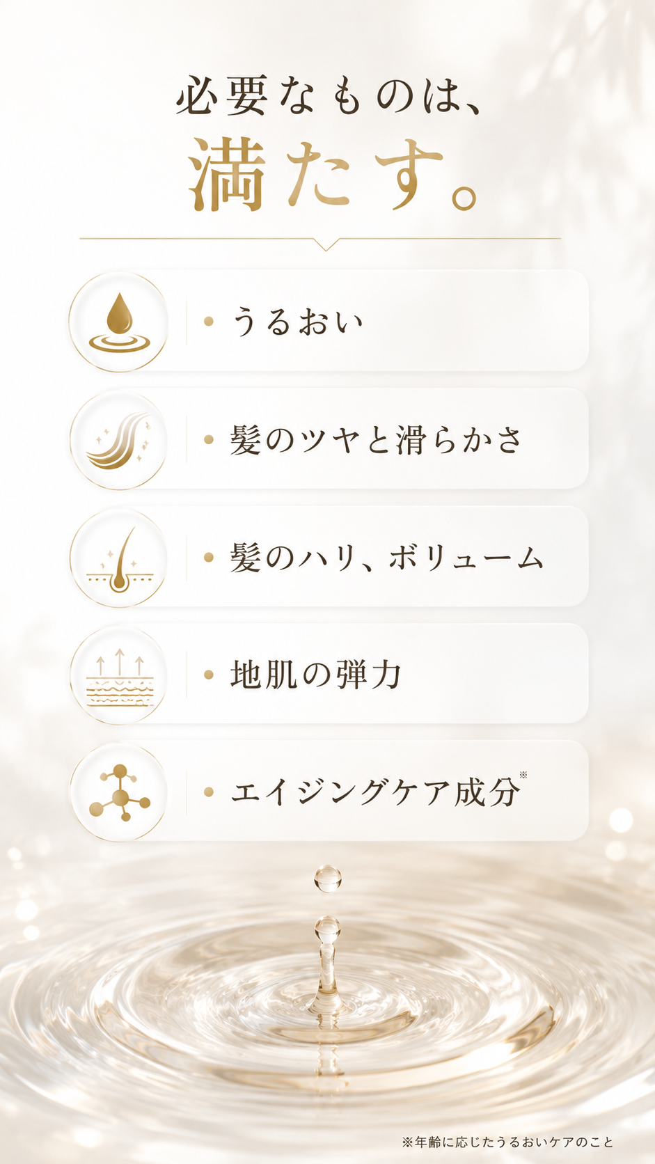 必要なものは、満たす。うるおい・髪のツヤと滑らかさ・髪のハリ、ボリューム・地肌の弾力・エイジングケア成分