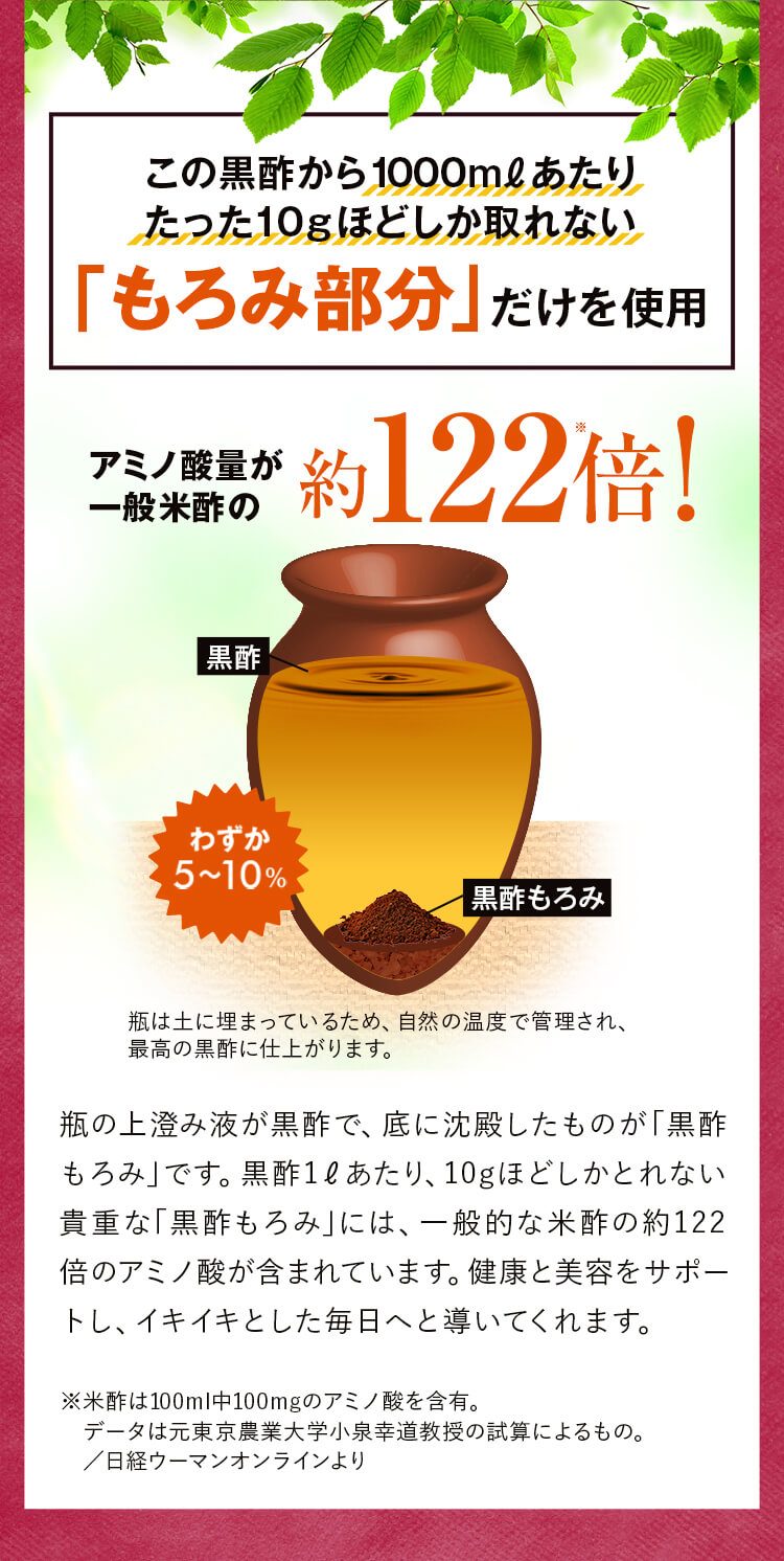 この黒酢から1000mlあたりたった10gほどしか取れない「もろみ部分」だけを使用