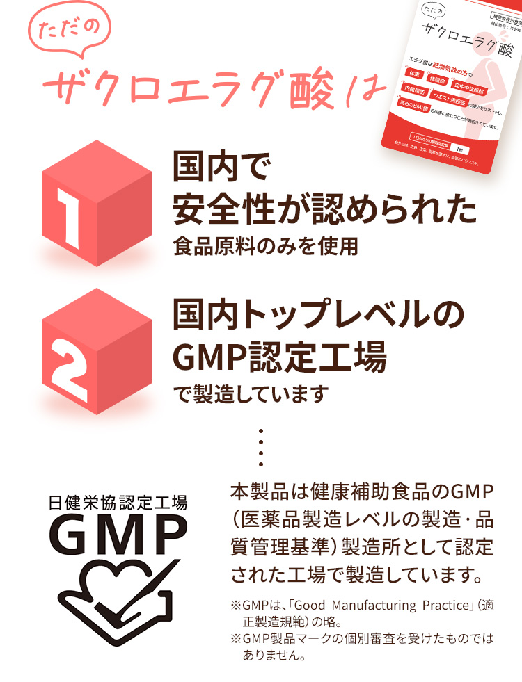 ただのザクロエラグ酸は国内で安全性が認められた食品原料のみを使用　国内トップレベルのGMP認定工場で製造しています