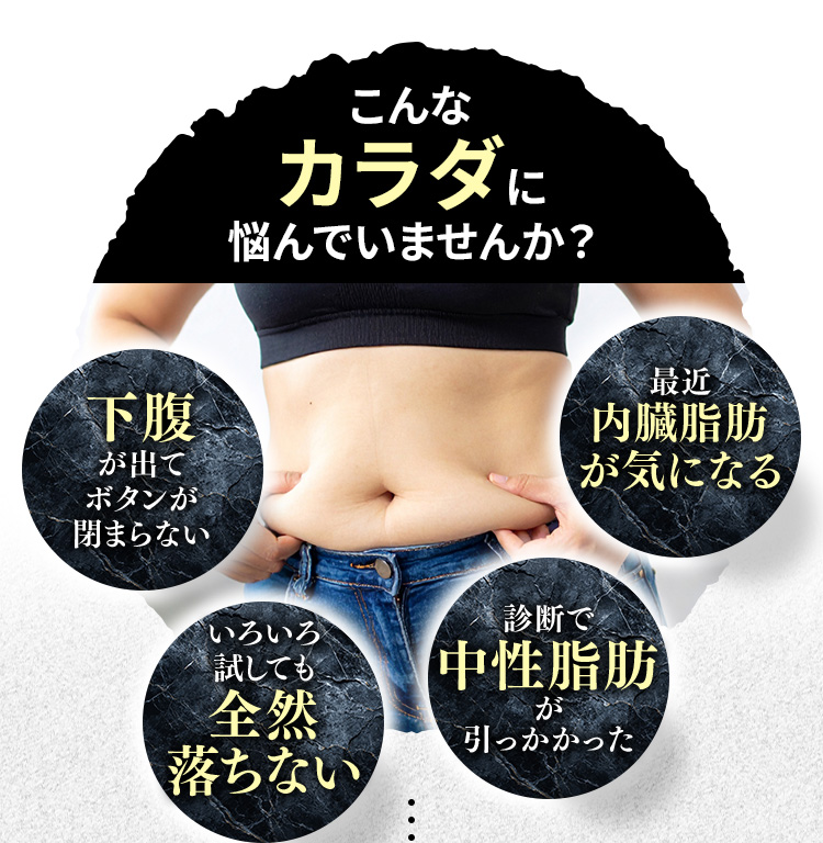 こんなカラダに悩んでいませんか?　下腹が出てボタンが閉まらない　最近内臓脂肪が気になる　いろいろ試しても全然落ちない　診断で中性脂肪が引っかかった