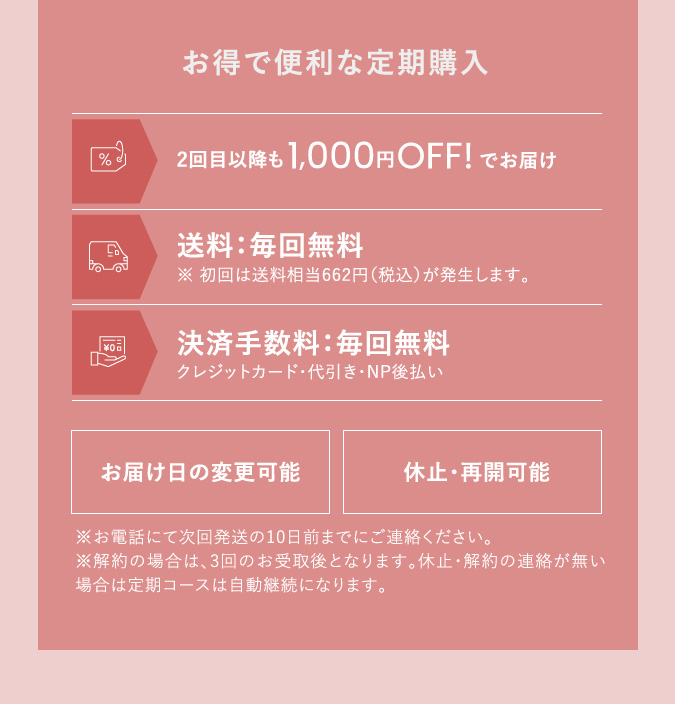 お得で便利な定期購入：2回目以降も1000円OFF・毎回送料無料・決済手数料も毎回無料