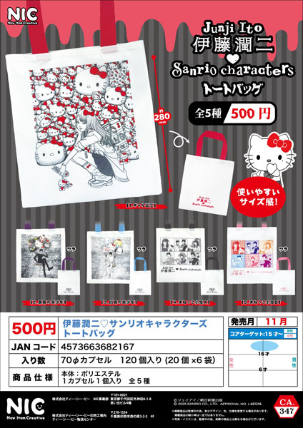 【11月発売】伊藤潤二 サンリオキャラクターズトートバッグ 20個入り (500円カプセル)【一次予約】