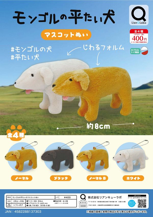 【2月発売】モンゴルの平たい犬マスコットぬい 30個入り (400円カプセル)【一次予約】