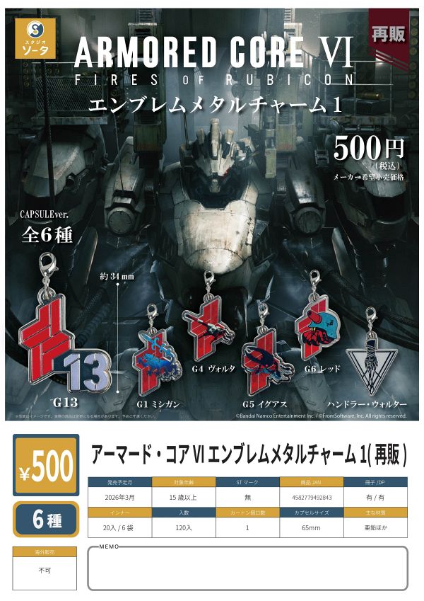 【3月発売】再販 アーマード・コア Ⅵ エンブレムメタルチャーム1 20個入り (500円カプセル)【一次予約】