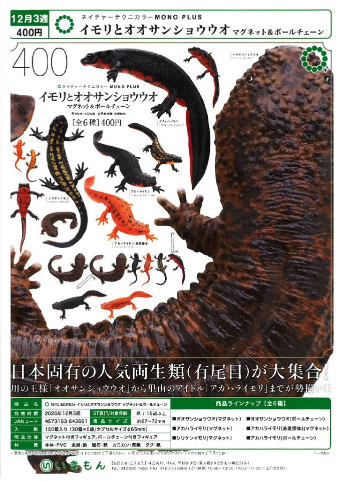 【12月発売】NTC MONO＋ イモリとオオサンショウウオ マグネット＆ボールチェーン 30個入り (400円カプセル)【一次予約】