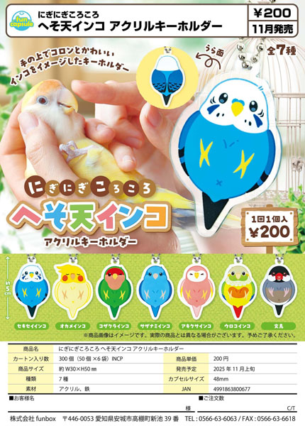 【11月発売】にぎにぎころころ へそ天インコ アクリルキーホルダー 50個入り (200円カプセル)【一次予約】