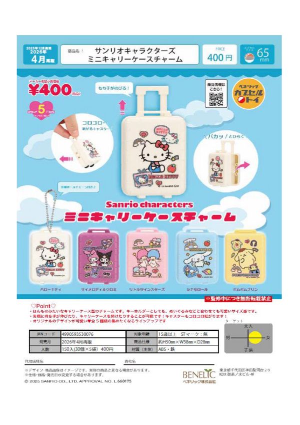 【4月発売】再販 サンリオキャラクターズ ミニキャリーケースチャーム 30個入り (400円カプセル)【二次予約】