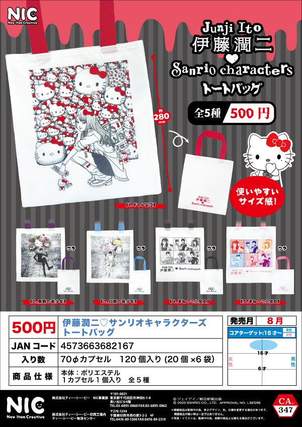 【8月発売】伊藤潤二 サンリオキャラクターズ トートバッグ 20個入り (500円カプセル)【二次予約】