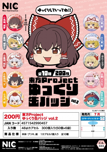 【7月発売】東方Project ゆっくり 缶バッジ  Vol.2　50個入り (200円カプセル)【二次予約】
