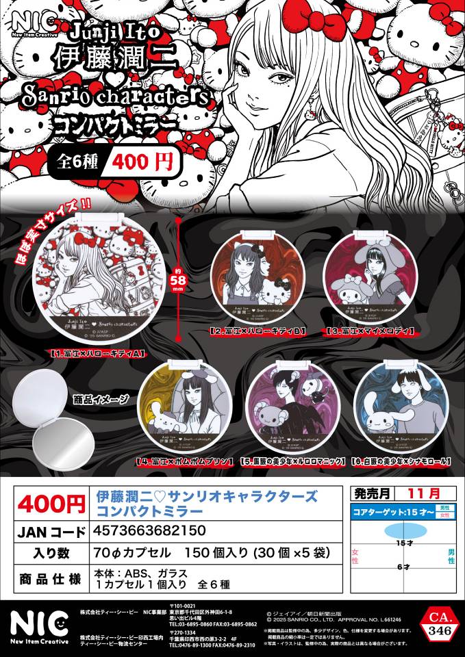 【11月発売】伊藤潤二 サンリオキャラクターズコンパクトミラー 30個入り (400円カプセル)【一次予約】