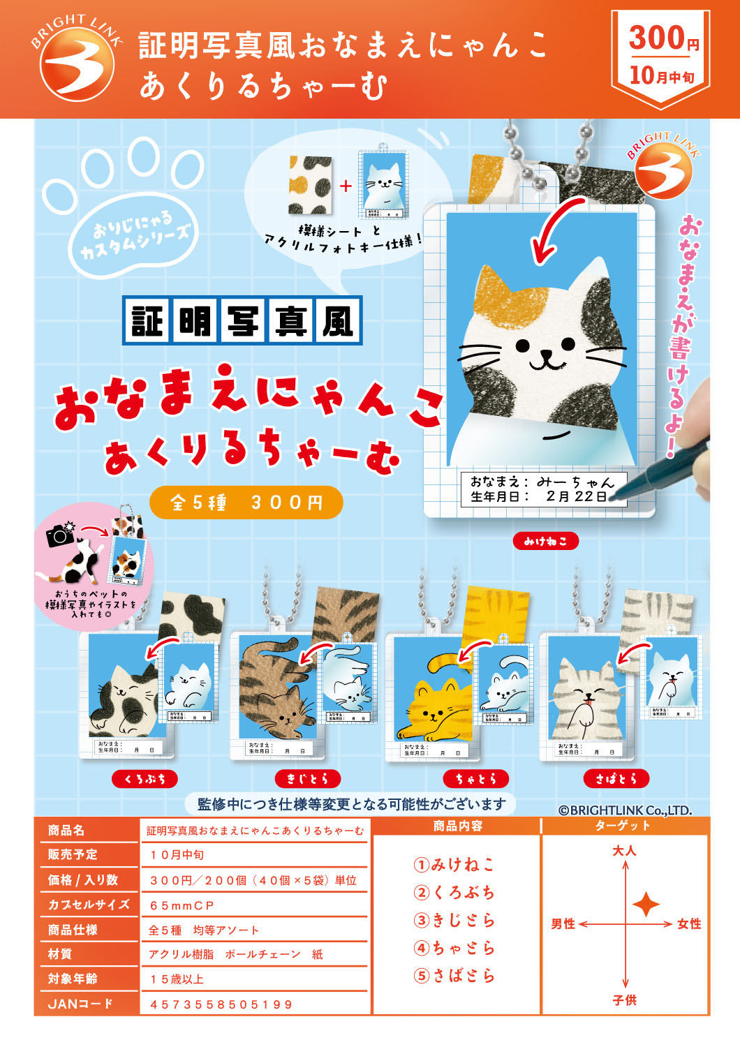 【10月発売】証明写真風おなまえにゃんこあくりるちゃーむ 40個入り (300円カプセル)【二次予約】