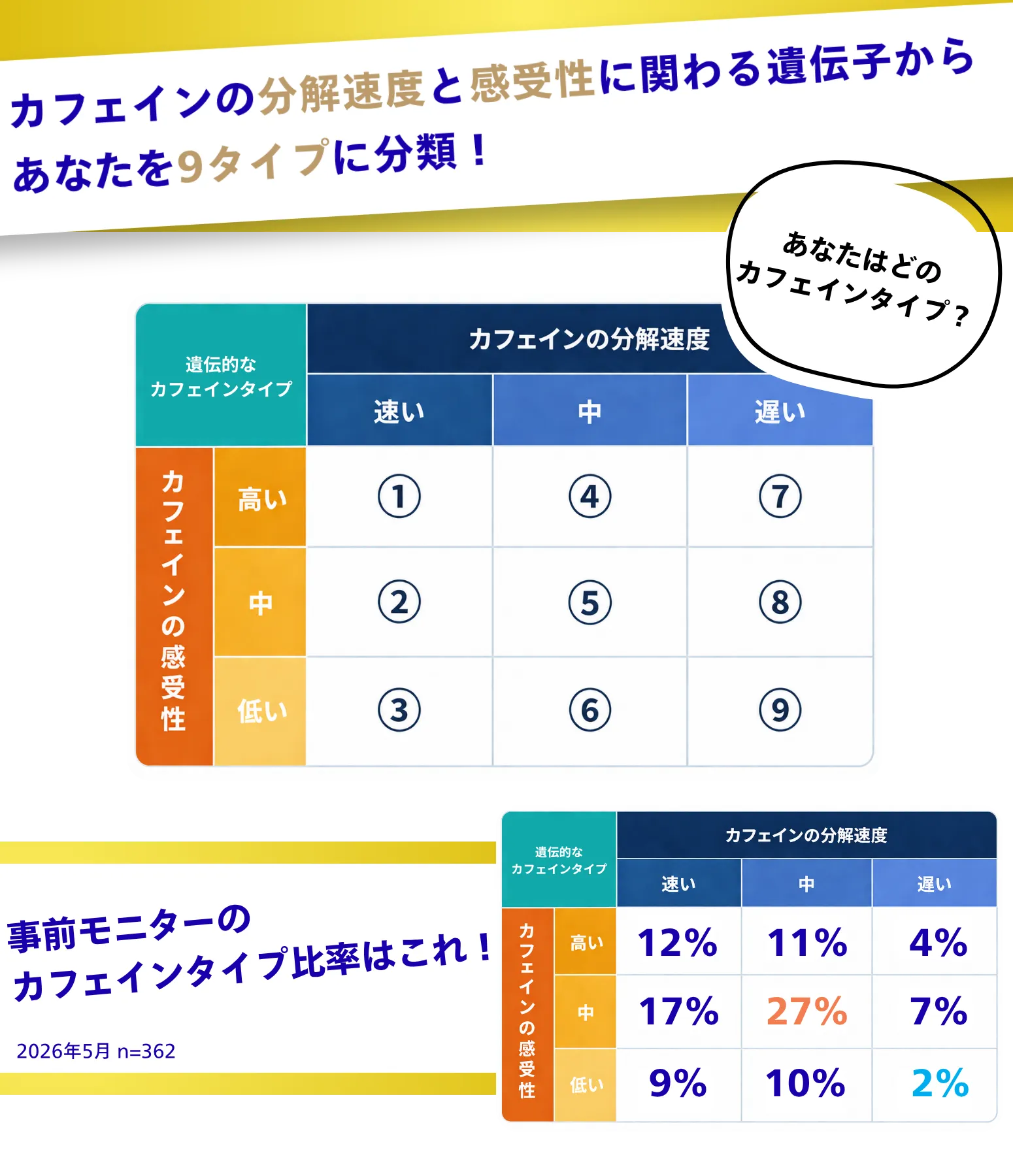 カフェインの分解速度と感受性に関わる遺伝子から9タイプに分類。分解速度は速い・中・遅い、感受性は高い・中・低い。事前モニター2026年5月362名の比率は感受性高：12%、11%、4%、中：17%、27%、7%、低：9%、10%、2%。1回の摂取量、効果が出始めるタイミング、1日の最大摂取回数、最終摂取時間、睡眠への影響、カフェイン耐性とカフェインオフ日の目安を表示。画像はイメージです。