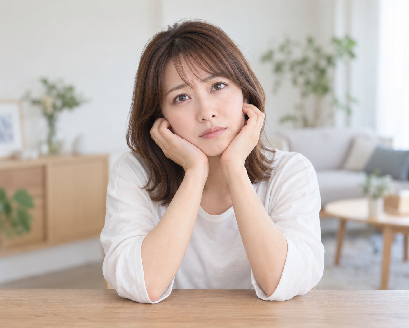 頬に手を添えて考え込む女性のイメージ