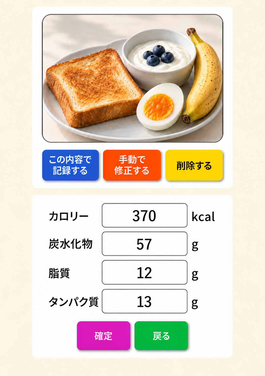 食事の写真をアップロードしてカロリーとPFC量を算出し、必要に応じて手動で補正する画面の見本。
