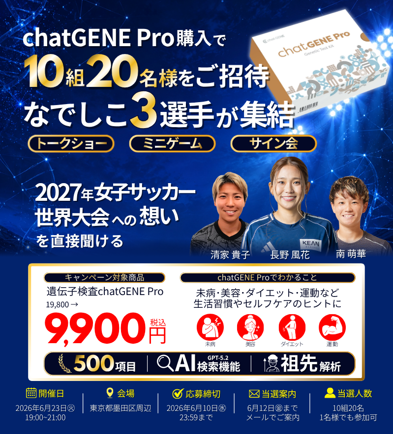chatGENE Pro購入で10組20名をご招待。。なでしこ3選手が集結