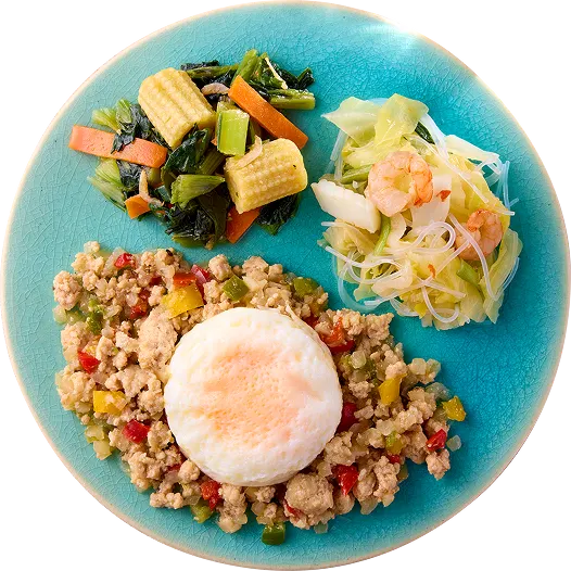 さわやかバジルと<br/>鶏ひき肉のタイ風炒め