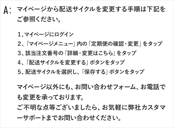 マイページから配送サイクルを変更する手順は下記をご参照ください。

１、マイページにログイン
２、「マイページメニュー」内の「定期便の確認・変更」をタップ
３、該当注文番号の「詳細・変更はこちら」をタップ
４、「配送サイクルを変更する」ボタンをタップ
５、配送サイクルを選択し、「保存する」ボタンをタップ

マイページ以外にも、お問い合わせフォーム、お電話でも変更を承っております。
ご不明な点等ございましたら、お気軽に弊社カスタマーサポートまでお問い合わせください。