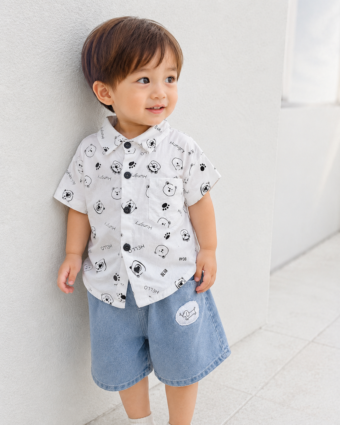 モノトーンベアシャツ＆ライトデニムセット (A00005) Size: 90Size