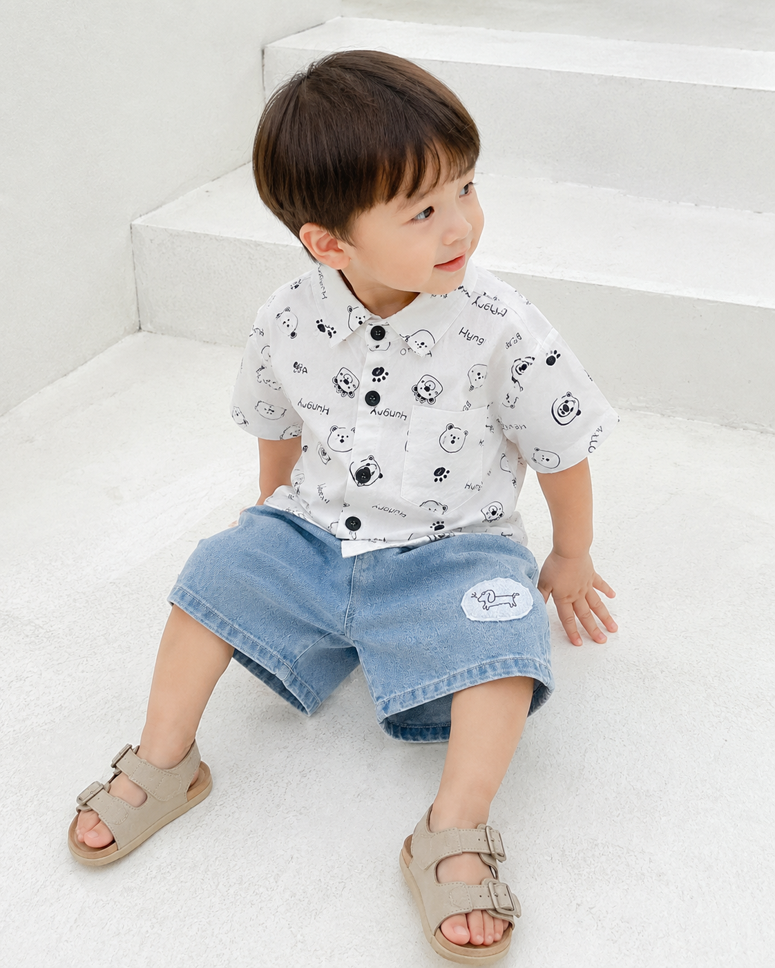 モノトーンベアシャツ＆ライトデニムセット (A00005) Size: 90Size