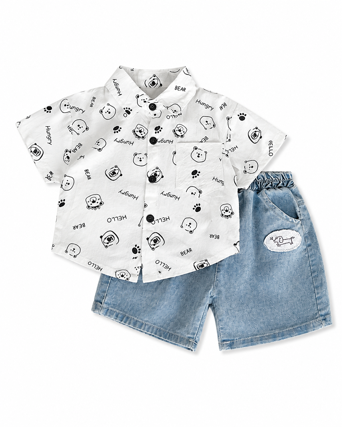 モノトーンベアシャツ＆ライトデニムセット Size: 90Size