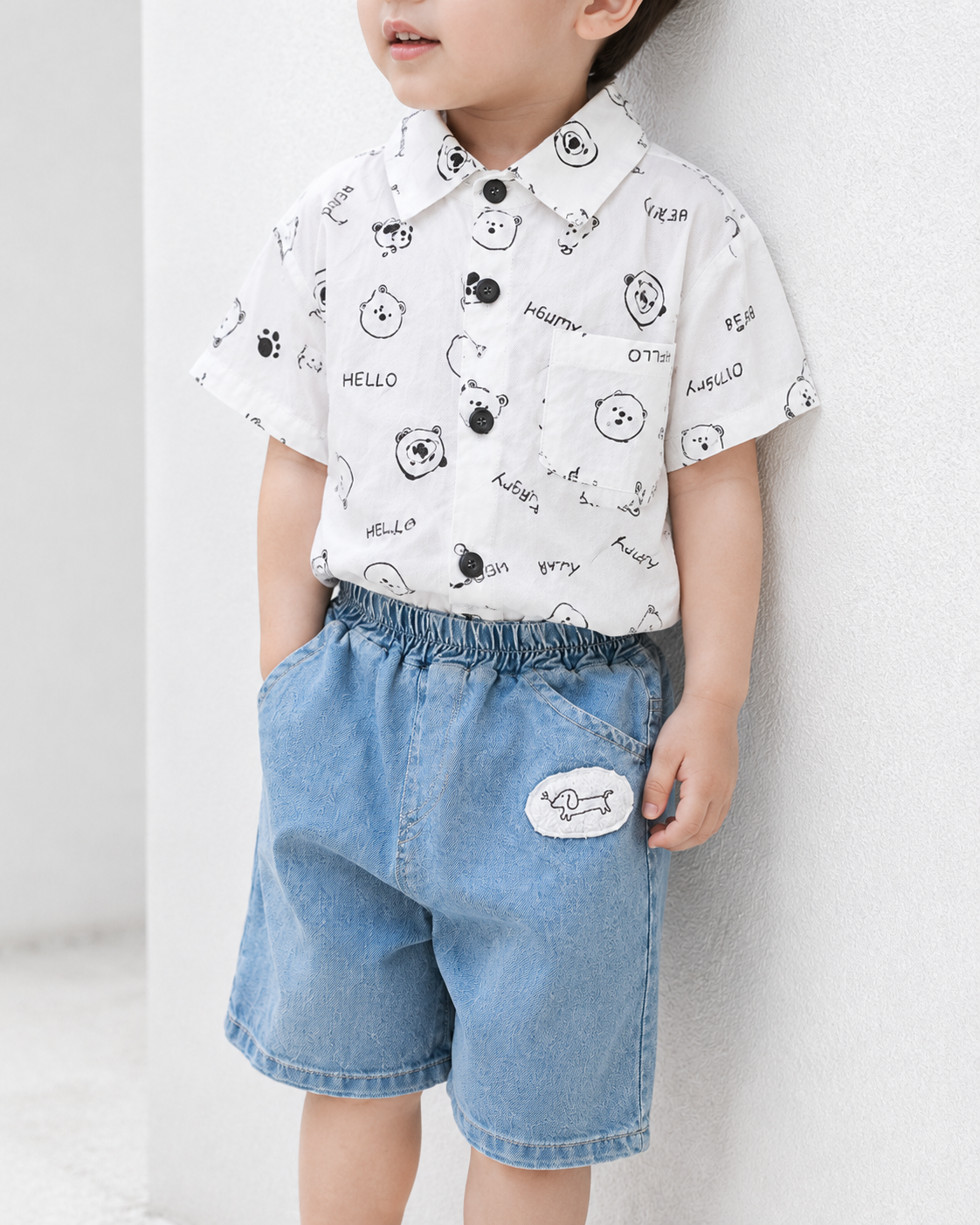 モノトーンベアシャツ＆ライトデニムセット (A00005) Size: 90Size