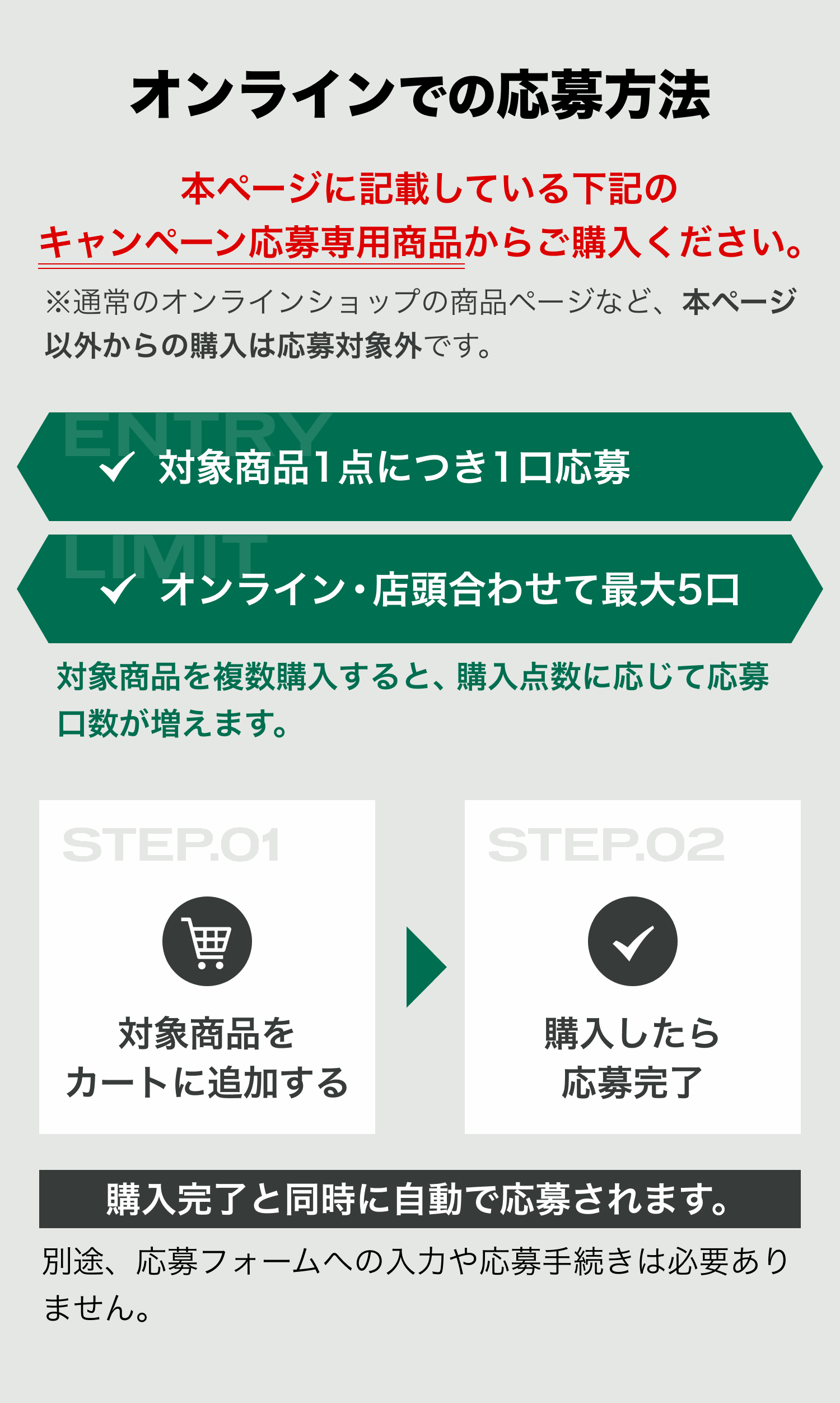 オンラインでの応募方法。本ページに記載している下記のキャンペーン応募専用商品からご購入ください。※通常のオンラインショップの商品ページなど、本ページ以外からの購入は応募対象外です。✓ 対象商品1点につき1口応募 ✓ オンライン・店頭合わせて最大5口。対象商品を複数購入すると、購入点数に応じて応募口数が増えます。STEP.01 対象商品をカートに追加する。STEP.02 購入したら応募完了。購入完了と同時に自動で応募されます。別途、応募フォームへの入力や応募手続きは必要ありません。