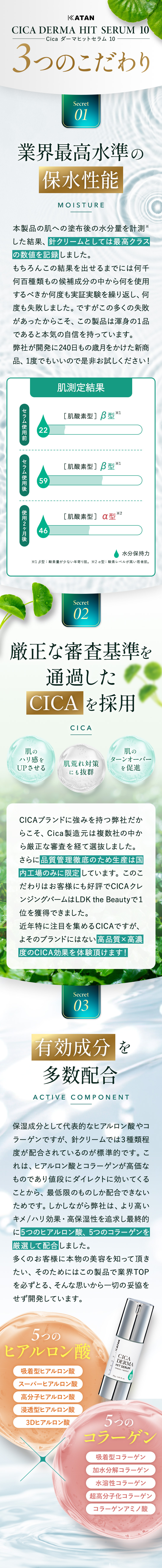 
                【KATAN CICA DERMA HIT SERUM 10(Cica ダーマヒットセラム 10)】3つのこだわり
                ① 業界最高水準の保水性能：
                本製品の肌への塗布後の水分量を計測した結果、針クリームとしては最高クラスの数値を記録しました。
                もちろんこの結果を出せるまでには何千何百種類もの候補成分の中から何を使用するべきか何度も実証実験を繰り返し、
                何度も失敗しました。ですがこの多くの失敗があったからこそ、この製品は渾身の1品であると本気の自信を持っています。
                弊社が開発に240日もの歳月をかけた新商品、1度でもいいので是非お試しください！

                ② 厳正な審査基準を通過したCICAを採用
                ・肌のハリ感をUPさせる・肌荒れ対策にも抜群・肌のターンオーバーを促進
                CICAブランドに強みを持つ弊社だからこそ、Cica製造元は複数社の中から厳正な審査を経て選抜しました。
                さらに品質管理徹底のため生産は国内工場のみに限定しています。
                このこだわりはお客様にも好評でCICAクレンジングバームはLDK the Beautyで１位を獲得できました。
                近年特に注目を集めるCICAですが、よそのブランドにはない高品質×高濃度のCICA効果を体験頂けます！

                ③ 有効成分を多数配合
                保湿成分として代表的なヒアルロン酸やコラーゲンですが、針クリームでは3種類程度が配合されているのが標準的です。
                これは、ヒアルロン酸とコラーゲンが高価なものであり値段にダイレクトに効いてくることから、最低限のものしか配合できないためです。
                しかしながら弊社は、より高いキメ/ハリ効果・高保湿性を追求し最終的に5つのヒアルロン酸、5つのコラーゲンを厳選して配合しました。
                多くのお客様に本物の美容を知って頂きたい、そのためにはこの製品で業界TOPを必ずとる、
                そんな思いから一切の妥協をせず開発しています。
                【5つのヒアルロン酸】
                ・吸着型ヒアルロン酸・スーパーヒアルロン酸・高分子ヒアルロン酸・浸透型ヒアルロン酸・3Dヒアルロン酸
                【5つのコラーゲン】
                ・吸着型コラーゲン・加水分解コラーゲン・水溶性コラーゲン・超高分子化コラーゲン・コラーゲンアミノ酸
            