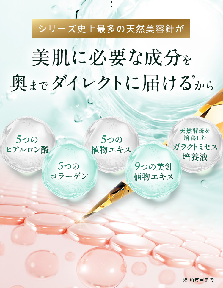 
            シリーズ史上最多の天然美容針が美肌に必要な成分を奥までダイレクトに届ける※から
            ※角質層まで
            ・5つのヒアルロン酸
            ・5つのコラーゲン
            ・5つの植物エキス
            ・9つの美針植物エキス
            ・天然酵母を培養したガラクトミセス培養液