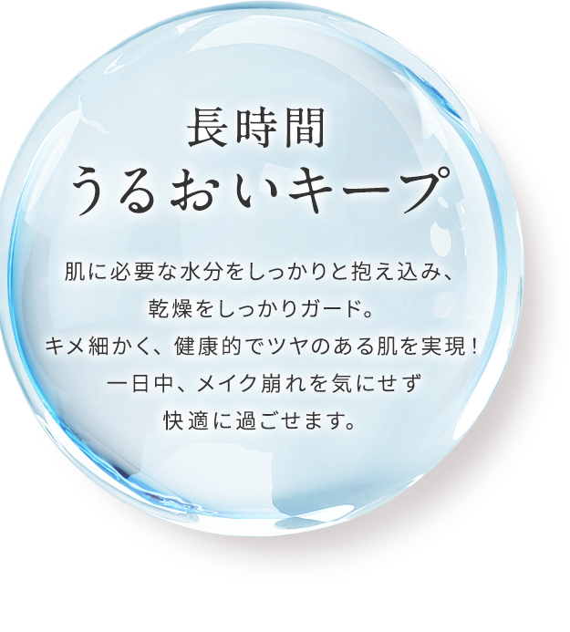 【長時間うるおいキープ】肌に必要な水分をしっかりと抱え込み、乾燥をしっかりガード。キメ細かく、健康的でツヤのある肌を実現！一日中、メイク崩れを気にせず快適に過ごせます。