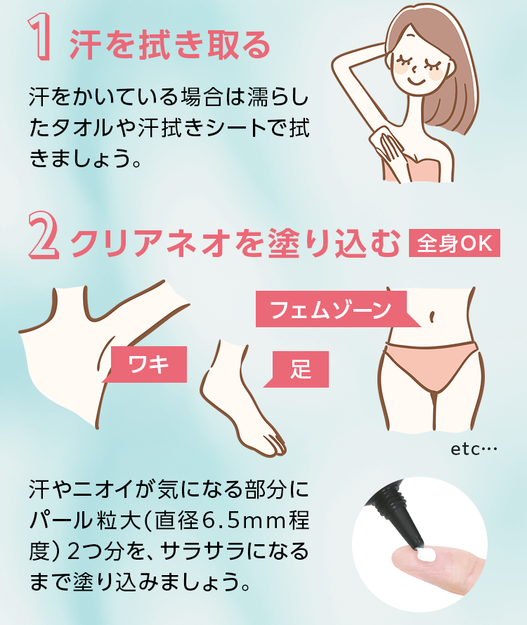 1.汗を拭き取る 2.クリアネオを塗り込む[全身OK]